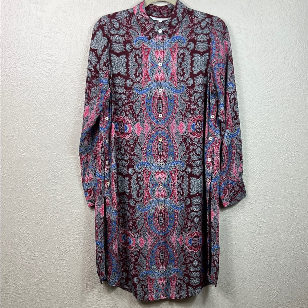 Foxcroft NYC Allover Pink Maroon Print Side Button Side Slit Tunic Blouse 6